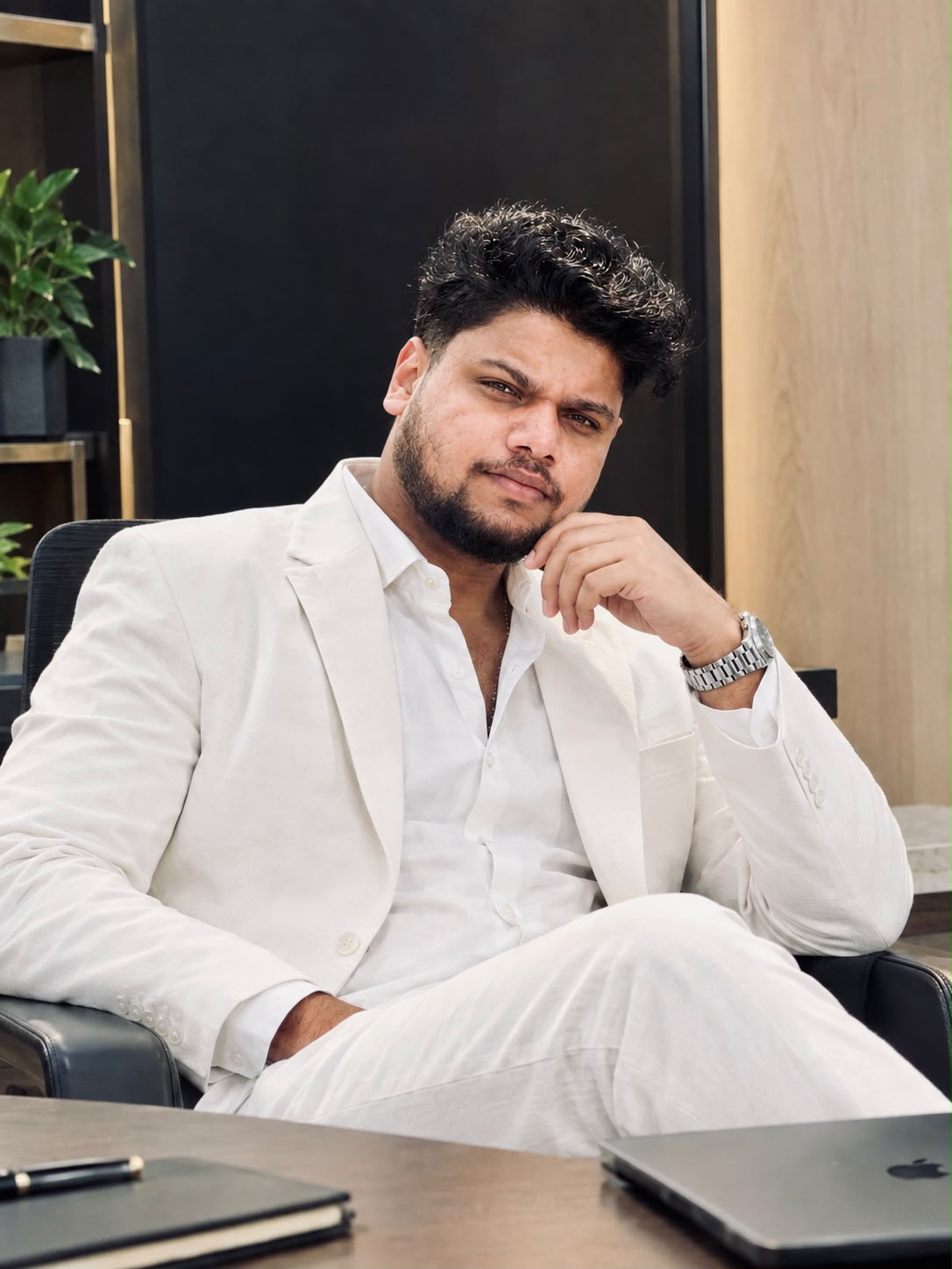 Muhammed Jazil seated in a white suit